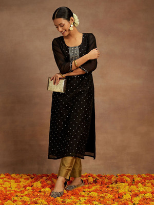 LIBAS Women Woven Design Straight Kurta(Black)