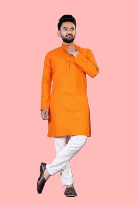 Rajababu Men Solid Straight Kurta(Orange)
