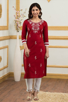 vikshi Women Embroidered Straight Kurta(Red)