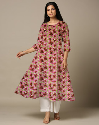 World of Mystery Women Floral Print Anarkali Kurta(Pink)