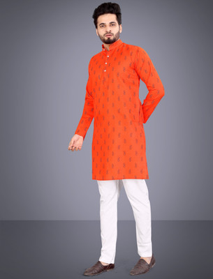 Nnc Men Geometric Print Straight Kurta(Orange)