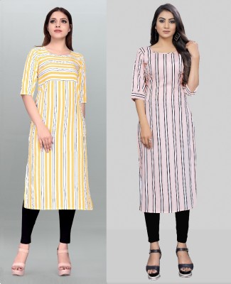 Modli 20 Fashion Women Striped, Printed Straight Kurta(Yellow, White)