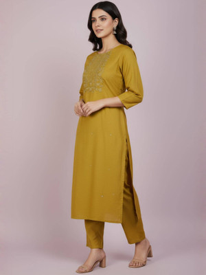 stitch haven Women Embroidered, Solid Straight Kurta(Yellow)