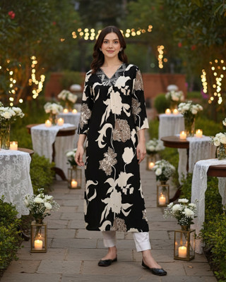 maaesa Women Printed Straight Kurta(Black)