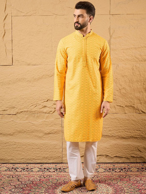 House of Pataudi Men Embroidered Straight Kurta(Yellow)
