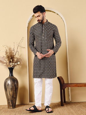 CHIRASVI Men Embroidered Straight Kurta(Black)