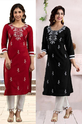 vikshi Women Chikan Embroidery Straight Kurta(Black, Maroon)