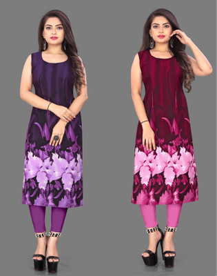 Hiral Creation Women Floral Print Straight Kurta(Purple, Pink)