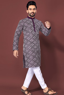 FOXDX Men Embroidered A-line Kurta(Purple)