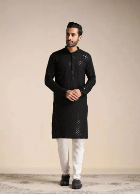 SHWENILA Men Embroidered Straight Kurta(Black)