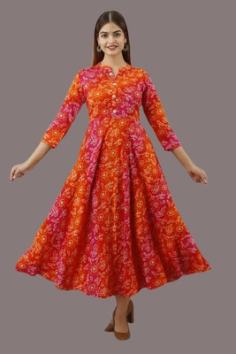 aachhoo Women Printed Flared Kurta(Orange, Pink)