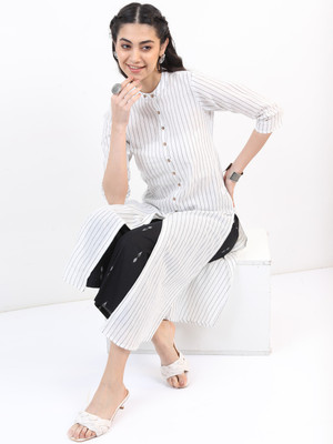 Vishudh Women Striped Straight Kurta(White)