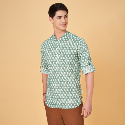 Indus Route by Pantaloons Men Printed Straight Kurta(Light Green)