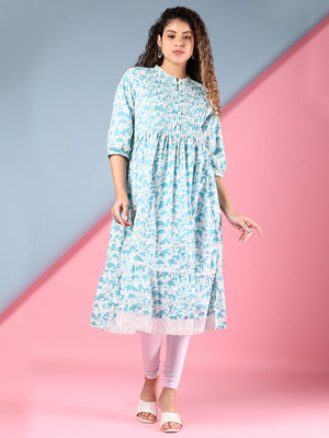 V-MART Women Printed A-line Kurta(Green)
