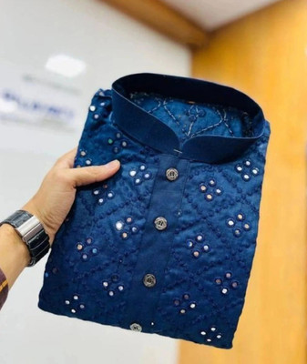 Lazzly Men Embellished Straight Kurta(Blue)