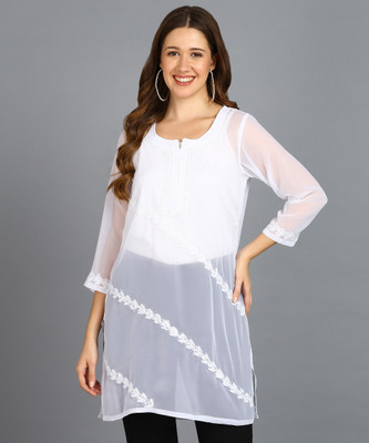 VAHSON Women Chikan Embroidery, Embroidered Straight Kurta(White)