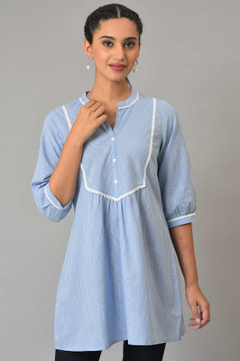 Aurelia Women Striped A-line Kurta(Blue)