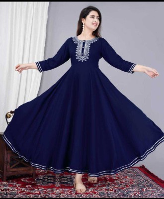 Nikhat Women Embroidered Anarkali Kurta(Dark Blue, White)