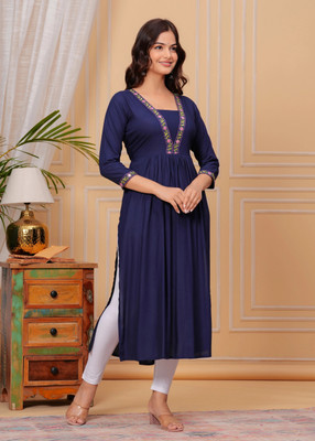 TANTANATAN Women Embroidered Straight Kurta(Dark Blue)
