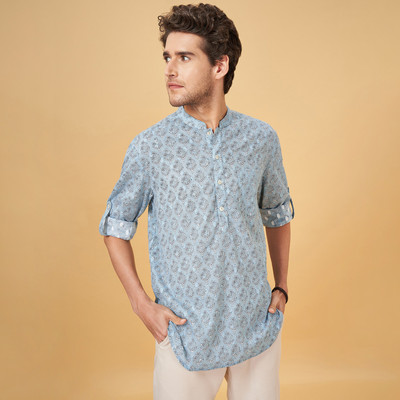 Indus Route by Pantaloons Men Printed Straight Kurta(Blue)