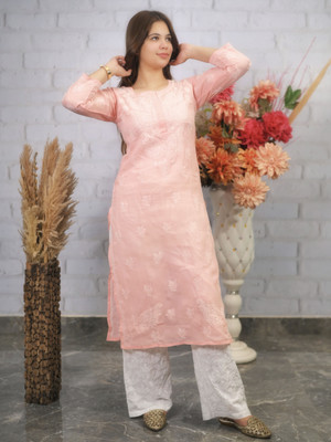 Chikirpolo Women Chikan Embroidery Straight Kurta(Beige, Pink)
