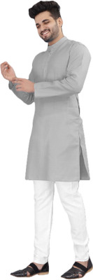 PoshSide Men Solid Straight Kurta(Grey)