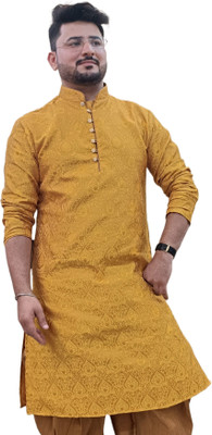 26 i Men Self Design Straight Kurta(Yellow)