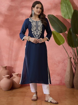 Sangria Women Solid, Embroidered Straight Kurta(Dark Blue)