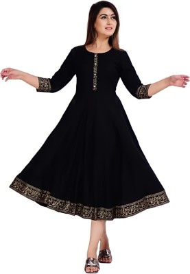 CHECHI Women Solid Gown Kurta(Black)