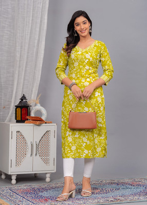 Kirnya Women Floral Print, Printed A-line Kurta(Yellow)