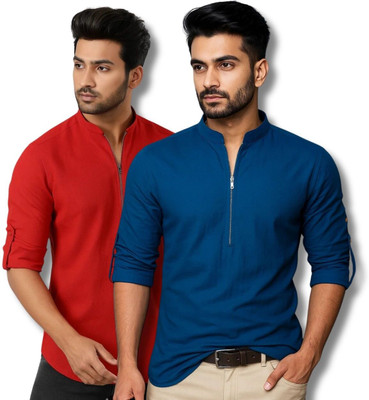 RAREMARK Men Solid Straight Kurta(Red, Dark Blue)