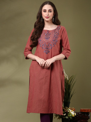 ANOUK Women Embroidered Straight Kurta(Brown)