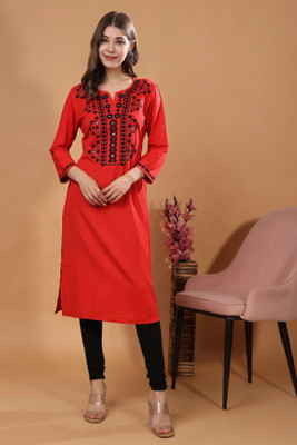 Kaina Creations Women Embroidered Straight Kurta(Red)