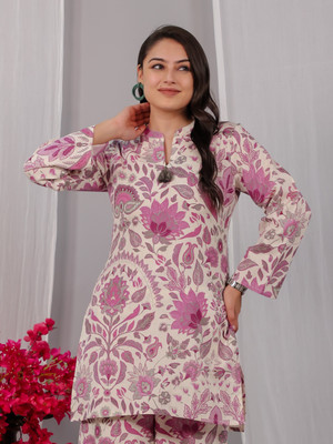 Aramya Women Floral Print Straight Kurta(White, Purple)