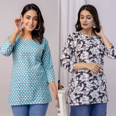Dangra Women Floral Print Tunic Kurta(Multicolor, Light Blue)