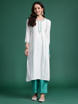 Indo Era Women Embroidered Straight Kurta(White)
