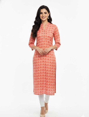 ARATIENTERPRISE Women Printed, Geometric Print Straight Kurta(Dark Blue, Orange)