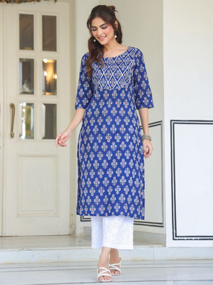 Janasya Women Floral Print Straight Kurta(Blue)