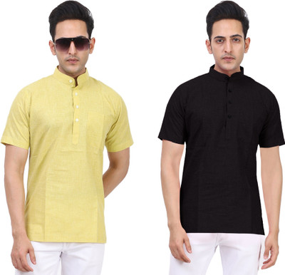 Kavita Fasion Men Solid A-line Kurta(Black, Yellow)