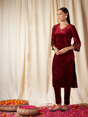 Shae by SASSAFRAS Women Embroidered Flared Kurta(Maroon)