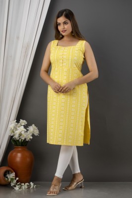 Vihit creation Women Printed Straight Kurta(Yellow)