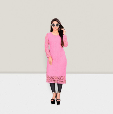 HOC's Women Self Design Straight Kurta(Pink)