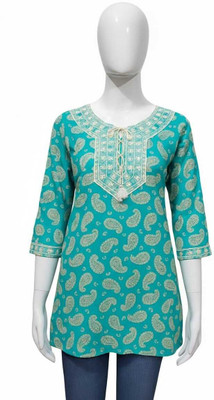 FASHIONROOM Women Paisley, Printed, Embroidered Tunic Kurta(Light Green)