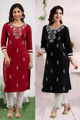 vikshi Women Chikan Embroidery Straight Kurta(Multicolor)