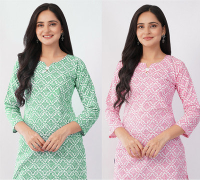 Naaz Enterprises Women Printed Tunic Kurta(Green, Pink)