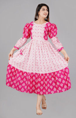 Padhatti Women Printed Anarkali Kurta(Pink, White)
