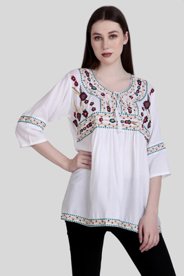 LEEZA Women Embroidered, Floral Print A-line Kurta(White)