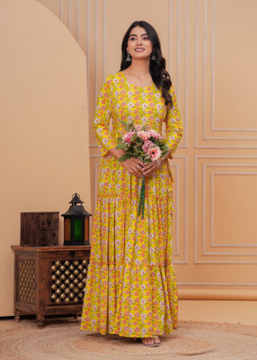 KANSARA Women Printed Anarkali Kurta(Yellow)