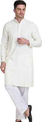 GALAD Men Chikan Embroidery Straight Kurta(White)