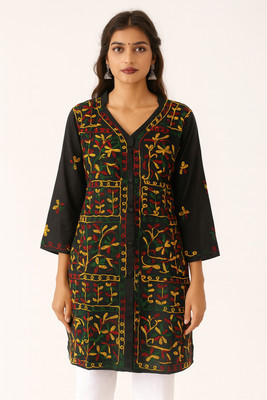 J K FASHION Women Chikan Embroidery Ethnic Dress Kurta(Black)
